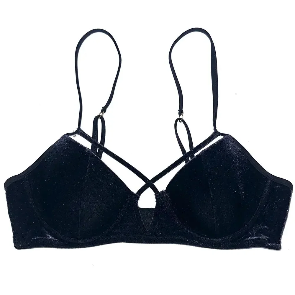 Beach Bunny Black Dylan Velvet Strappy Underwire Bikini Top Size M